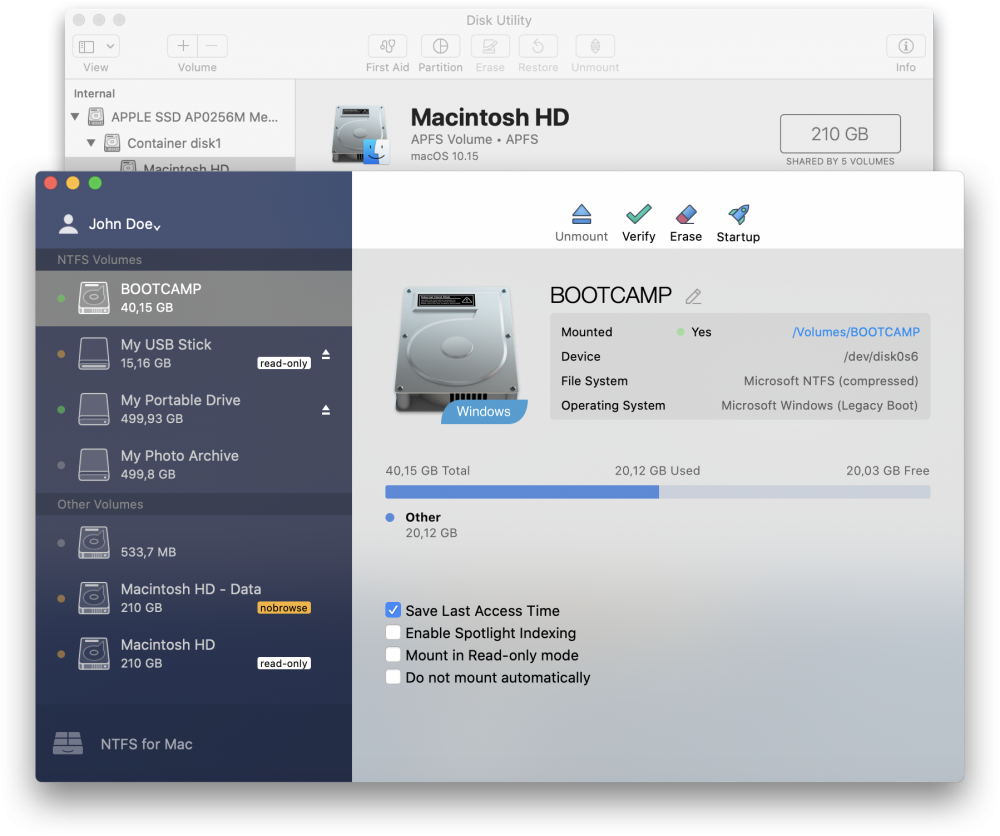 Microsoft NTFS for Mac by Paragon Software. Použití Diskové utility Macu s funkcemi pro svazky a možnostmi připojení. Snímek obrazovky.