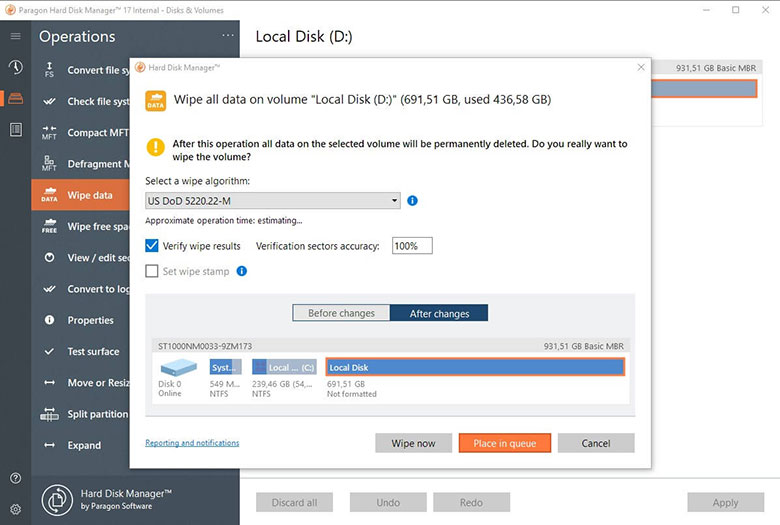 Choose wiping algorithms to erase entire disks, separate partitions or clean free space Screenshot