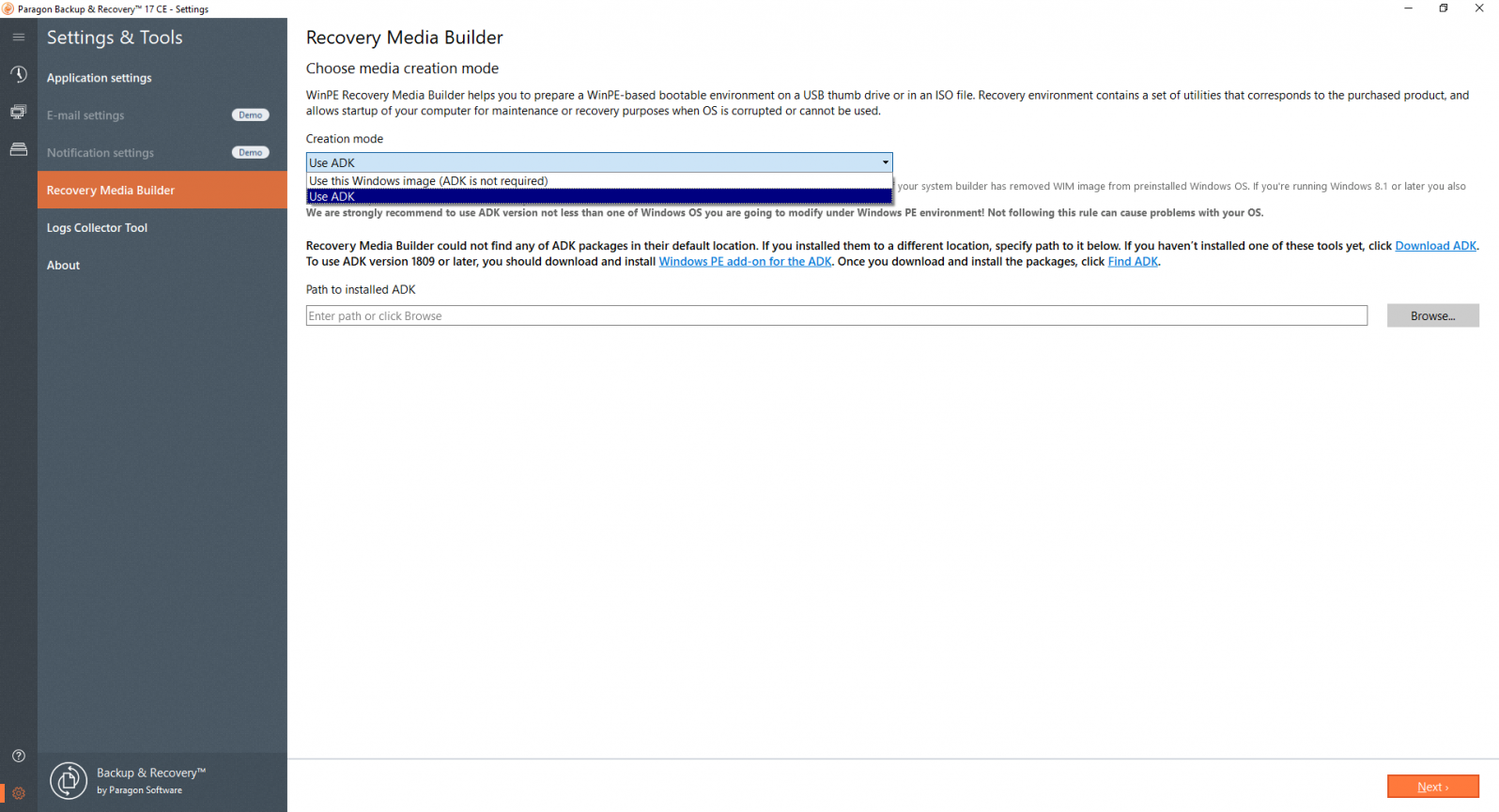 Choose whether you need to use Windows PE add-on for the ADK or not 