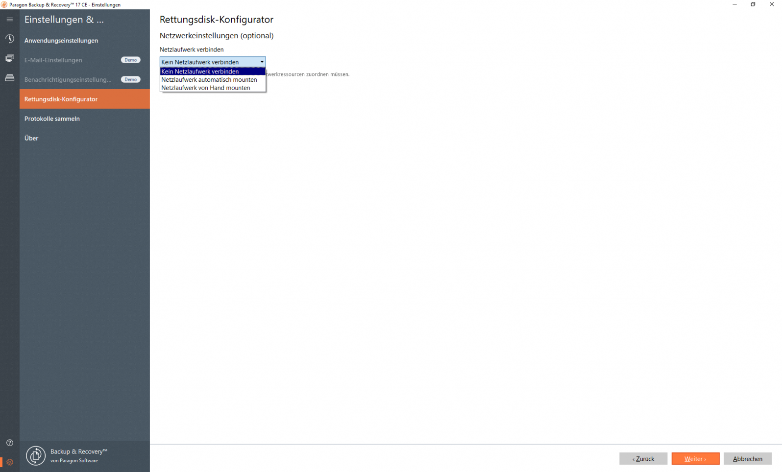 Optionen für das Verwalten von Netzwerkfreigaben in der WinPE