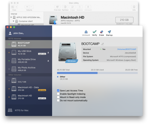Microsoft NTFS for Mac by Paragon Software. 볼륨 작업 및 탑재 옵션과 함께 Apple의 디스크 유틸리티를 사용하십시오. 스크린샷.