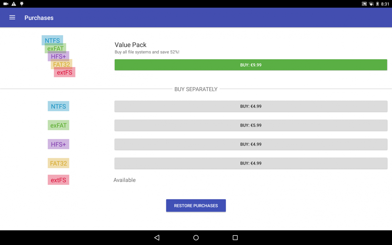 Microsoft exFAT/NTFS für USB On-The-Go von Paragon Software. Partitionen auf dem Android-Gerät unter der USB-Treiberanwendung verwalten. Screenshot.