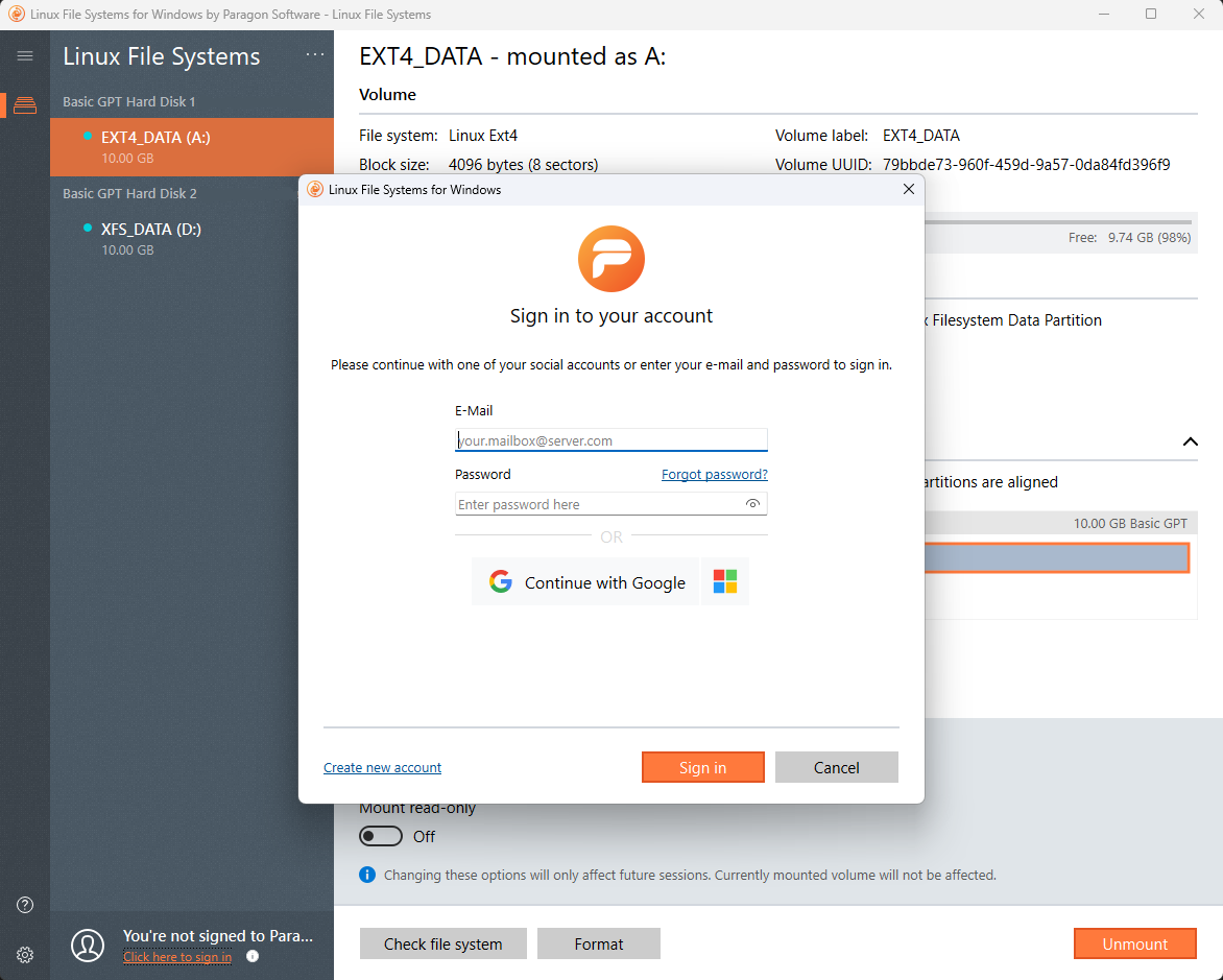 Linux File Systems for Windows by Paragon Software. Access products in Paragon account. Screenshot.