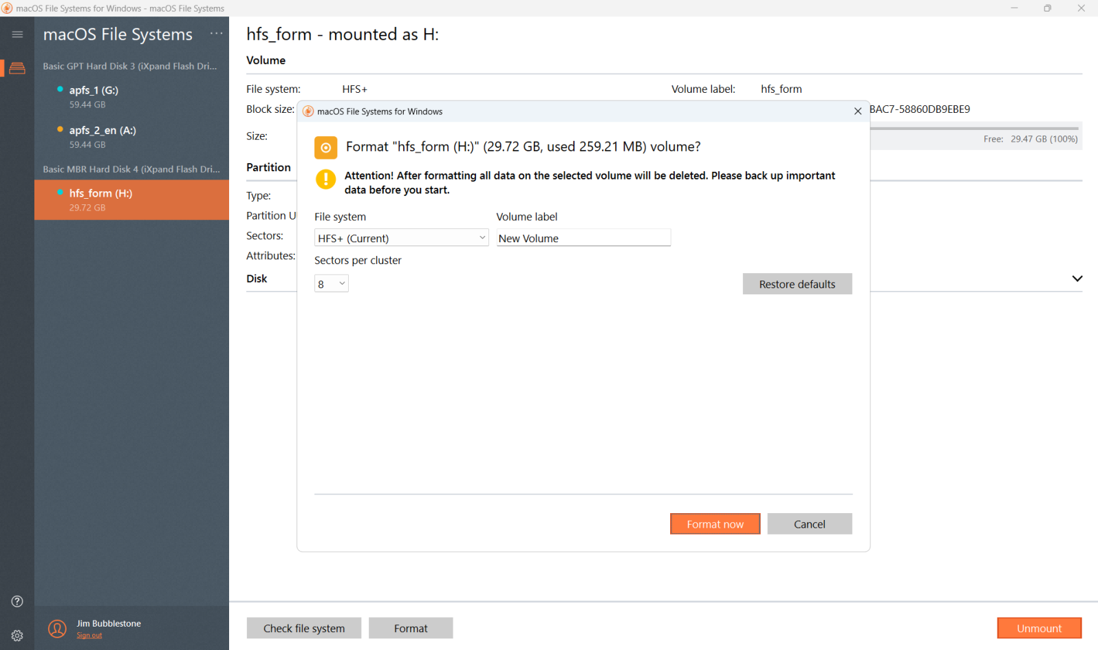 macOS File Systems for Windows by Paragon Software. Format utility. Screenshot.