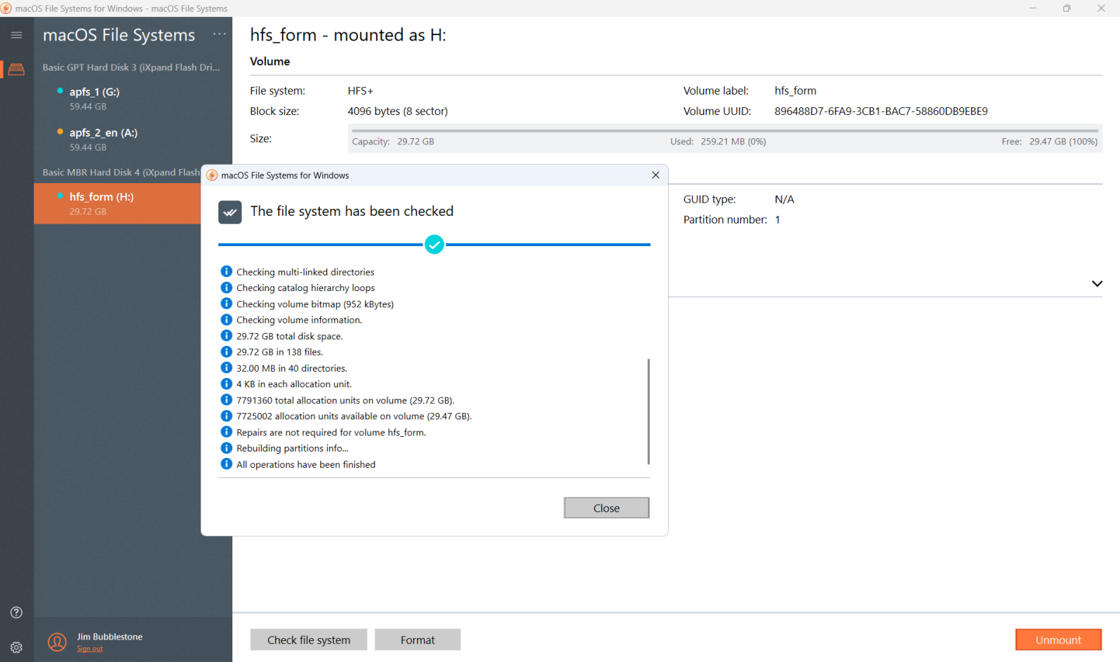 macOS File Systems for Windows by Paragon Software. Check utility. Screenshot.