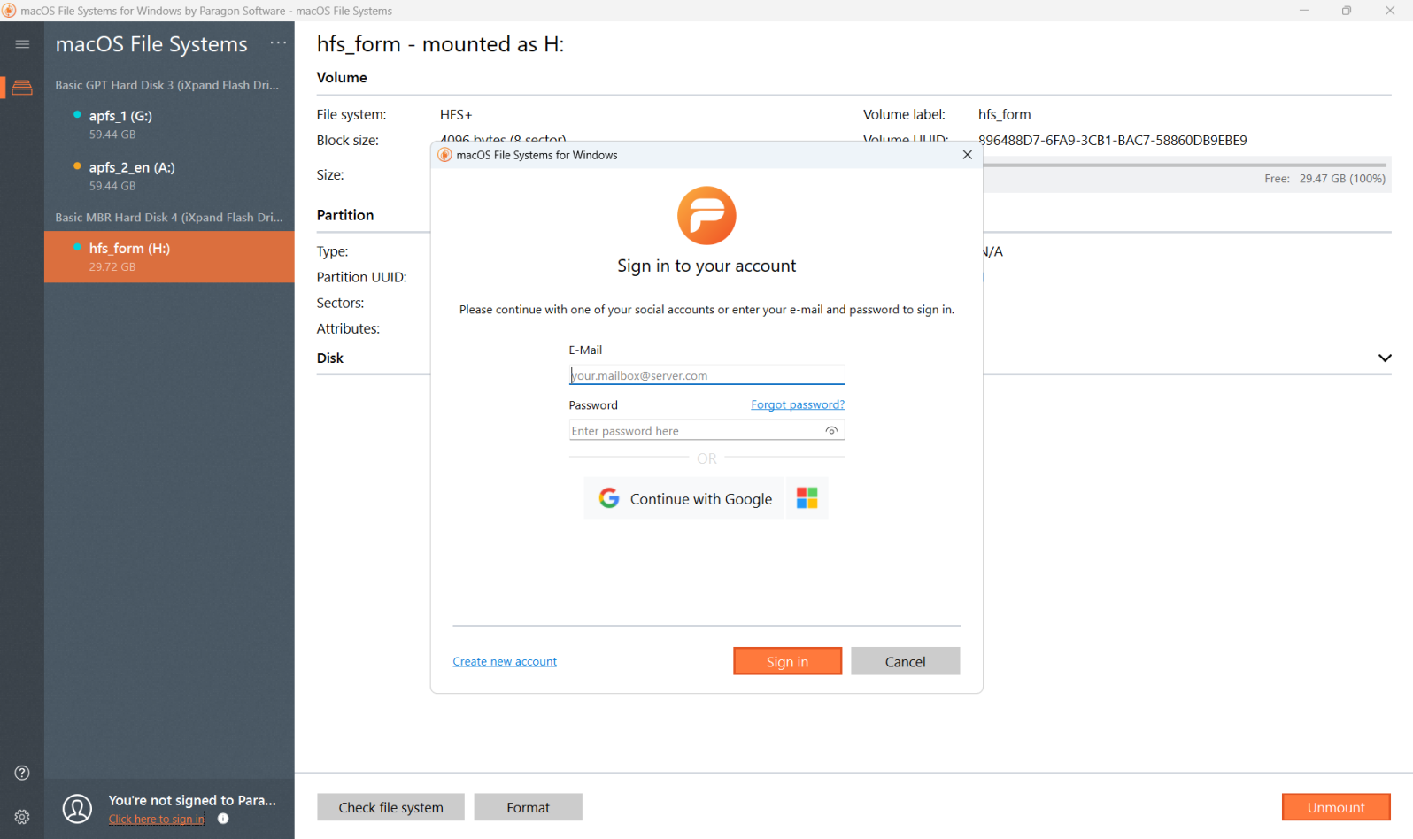 macOS File Systems for Windows by Paragon Software. Sign in and activate. Screenshot.